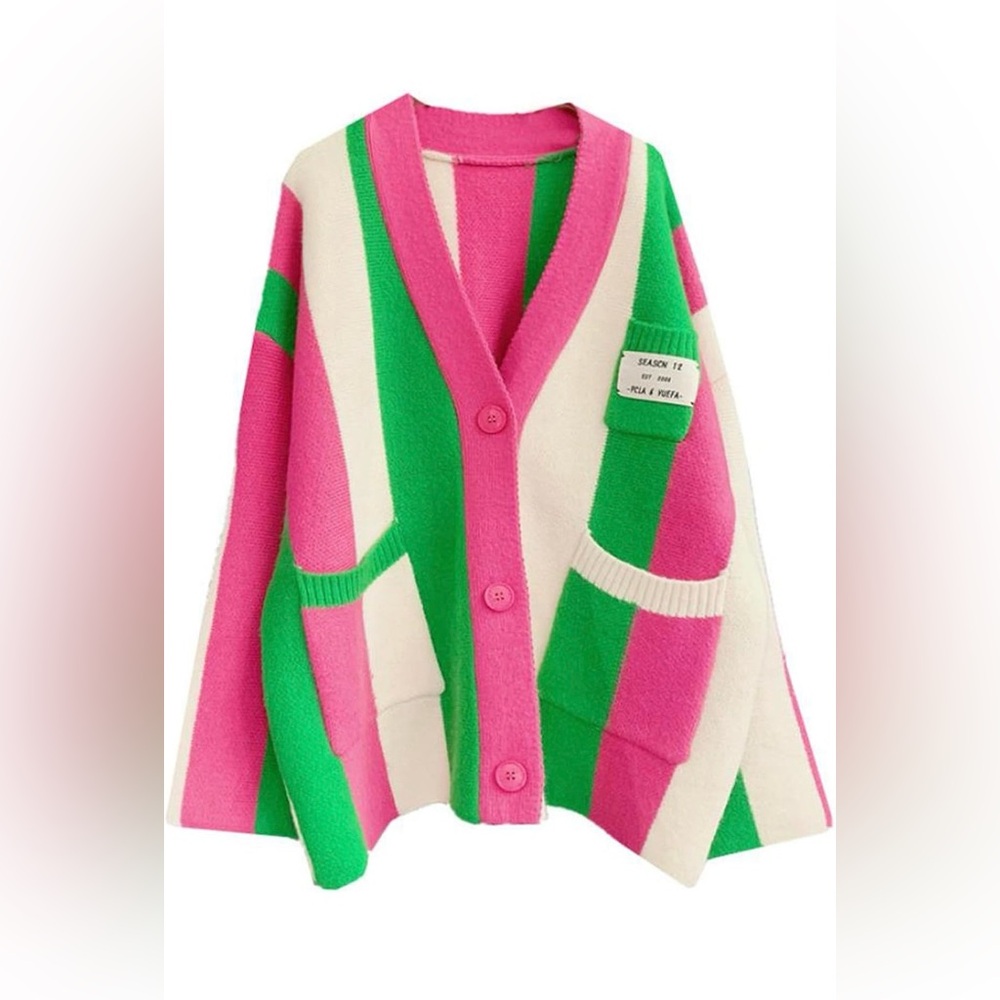 Pink and Green Striped Women's Sweater - Picture 6 of 6